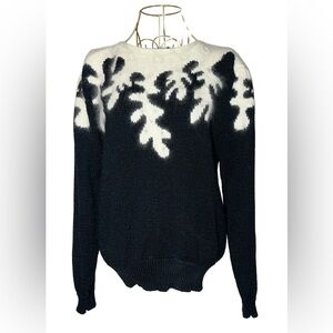 Knit Concepts Angora Blend Fuzzy Holiday Black & Off-White Sweater w/ Pearls, M